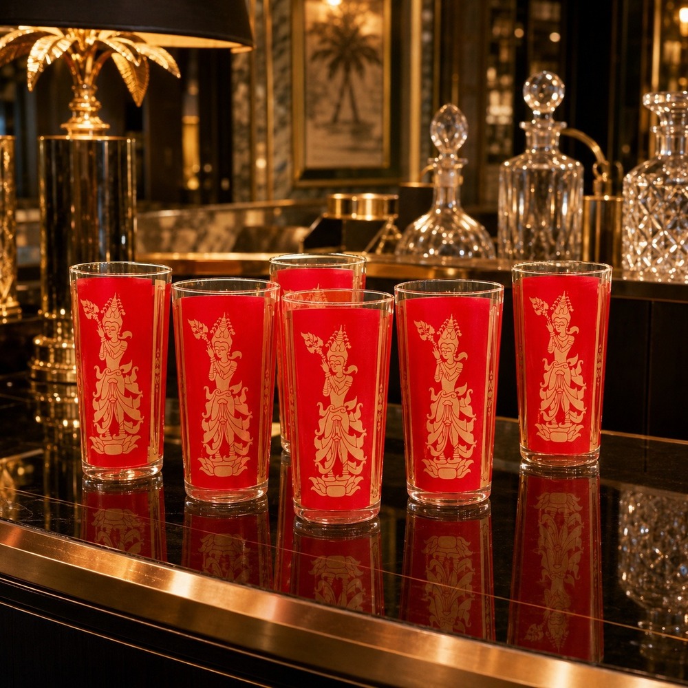 Hollywood Regency‎ MCM Red and Gold Thai Goddess Large Heavy Hi Ball Tumblers